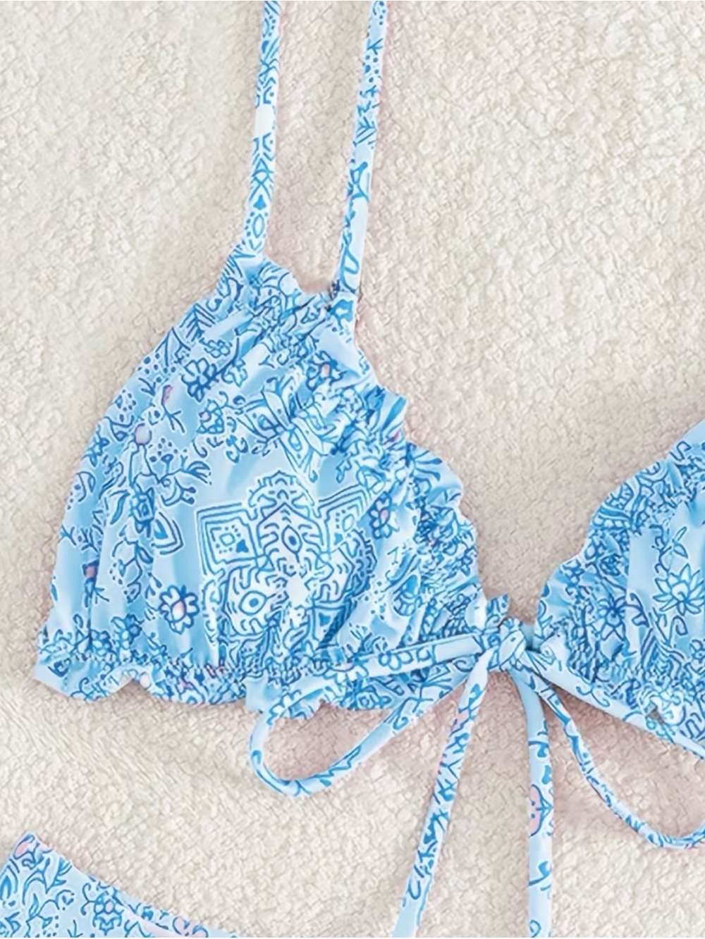 Light Blue Paisley Tie Front Triangle Bikini Set - Picture 4 of 7